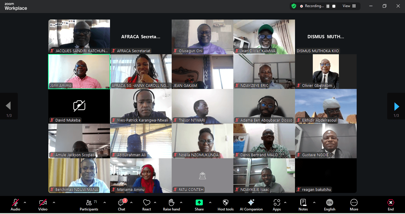 A grid of webinar participant video tiles including the AFRACA Secretariat and Secretary General.